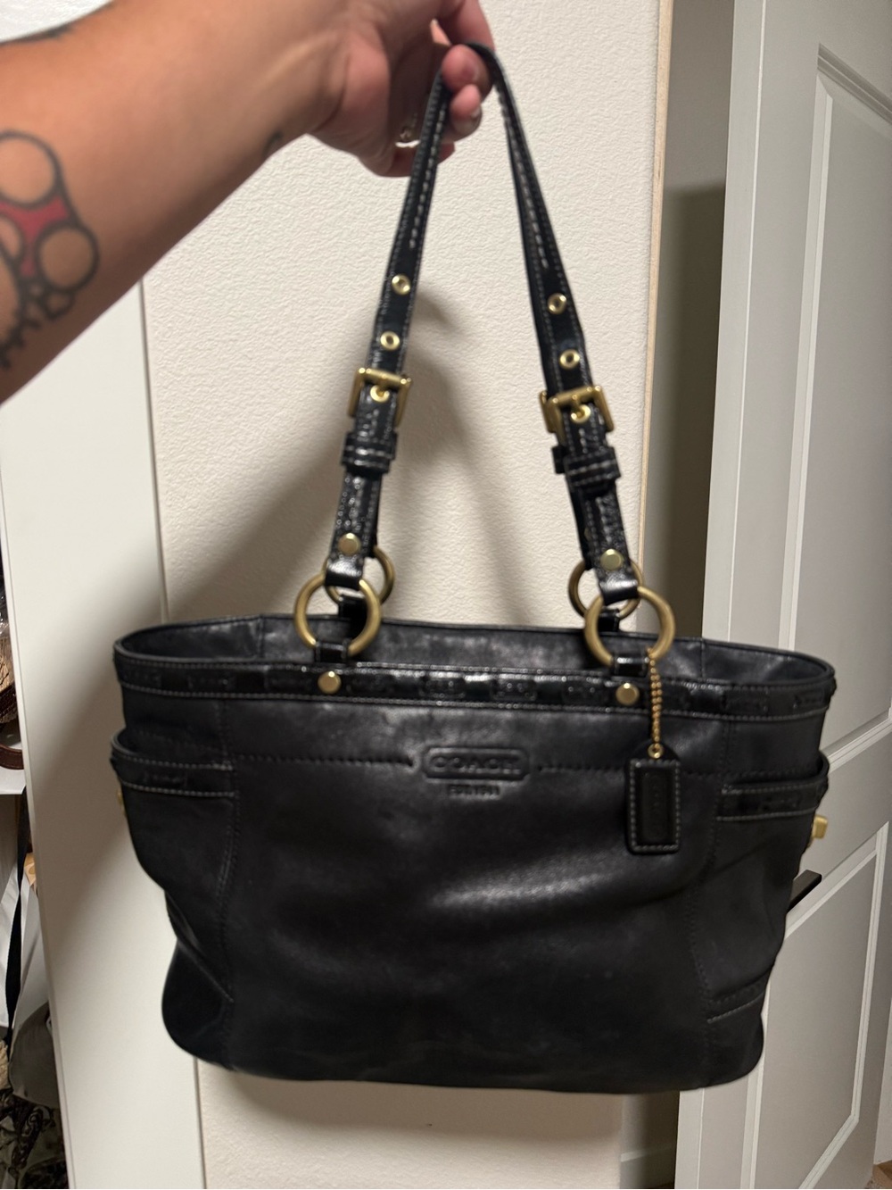 Coach Black Leather Tote with Brass Ring Hardware